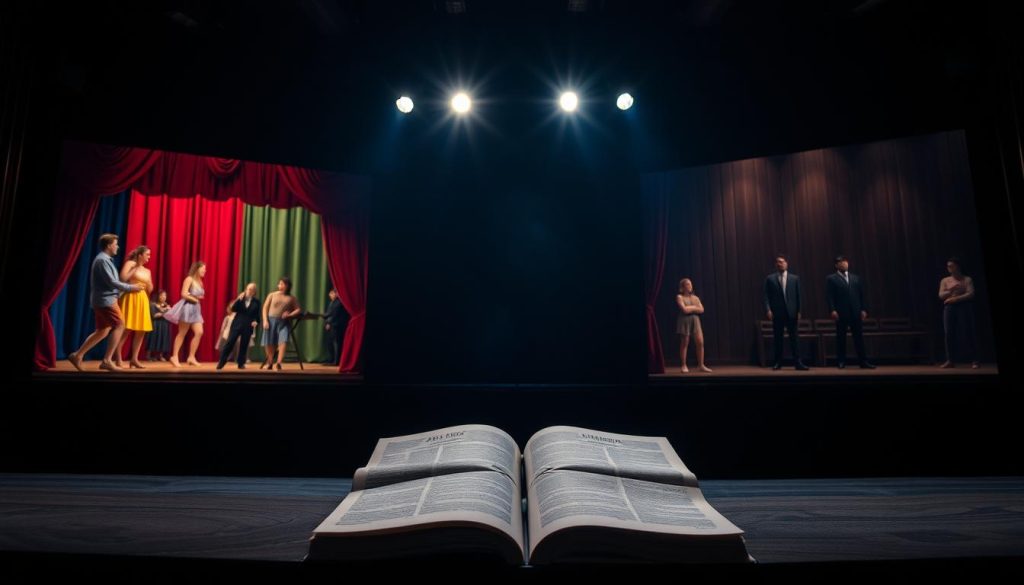 A theatrical stage, dimly lit, with two contrasting backdrops. On the left, a vibrant, colorful scene of a short play, characters in bold costumes acting with dynamic energy. On the right, a somber, shadowy backdrop of a full-length drama, actors in subdued tones conveying emotional depth. In the foreground, a pair of theatrical shorts and a thick script, highlighting the distinct formats. The image is captured with a cinematic, wide-angle lens, emphasizing the juxtaposition and the power of diverse storytelling. A theatrical stage, dimly lit, with two contrasting backdrops. On the left, a vibrant, colorful scene of a short play, characters in bold costumes acting with dynamic energy. On the right, a somber, shadowy backdrop of a full-length drama, actors in subdued tones conveying emotional depth. In the foreground, a pair of theatrical shorts and a thick script, highlighting the distinct formats. The image is captured with a cinematic, wide-angle lens, emphasizing the juxtaposition and the power of diverse storytelling.