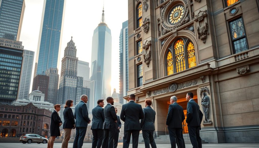 A towering corporate office, its facade adorned with intricate stone carvings and stained-glass windows. In the foreground, a group of executives dressed in elegant business attire stand in a circle, engaged in a solemn discussion. The lighting is soft and warm, casting a golden glow that accentuates the timeless elegance of the setting. The background is a blend of modern skyscrapers and historic landmarks, symbolizing the fusion of tradition and innovation. The overall atmosphere conveys a sense of gravitas and legacy, as the leaders ponder the future of the company while honoring its storied past. A towering corporate office, its facade adorned with intricate stone carvings and stained-glass windows. In the foreground, a group of executives dressed in elegant business attire stand in a circle, engaged in a solemn discussion. The lighting is soft and warm, casting a golden glow that accentuates the timeless elegance of the setting. The background is a blend of modern skyscrapers and historic landmarks, symbolizing the fusion of tradition and innovation. The overall atmosphere conveys a sense of gravitas and legacy, as the leaders ponder the future of the company while honoring its storied past.