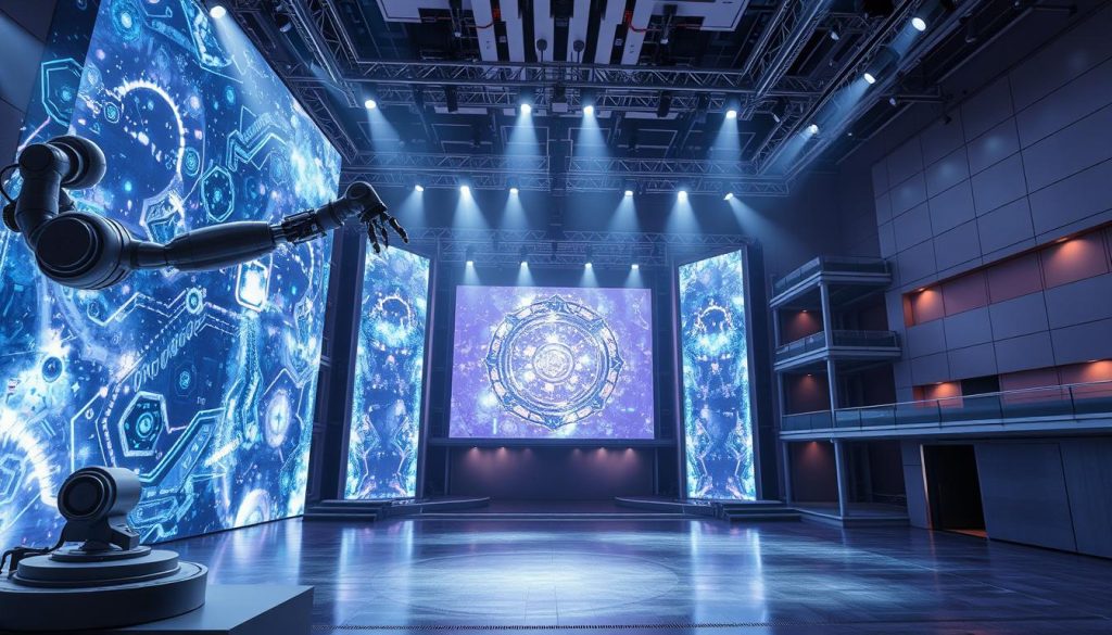 A vast, futuristic theater stage with an array of advanced set design technologies. In the foreground, a robotic arm gracefully manipulates holographic projections, casting shimmering, ethereal lighting effects across the stage. In the middle ground, a network of motorized platforms and sliding panels seamlessly transform the scenery, creating dynamic, ever-evolving backdrops. The background features a towering, high-tech gantry system, its intricate mechanisms orchestrating the precise choreography of movable set pieces. The overall atmosphere is one of cutting-edge innovation, blending sleek, metallic surfaces with a sense of awe-inspiring technological prowess, perfectly suited to showcase the wonders of modern theater production. A vast, futuristic theater stage with an array of advanced set design technologies. In the foreground, a robotic arm gracefully manipulates holographic projections, casting shimmering, ethereal lighting effects across the stage. In the middle ground, a network of motorized platforms and sliding panels seamlessly transform the scenery, creating dynamic, ever-evolving backdrops. The background features a towering, high-tech gantry system, its intricate mechanisms orchestrating the precise choreography of movable set pieces. The overall atmosphere is one of cutting-edge innovation, blending sleek, metallic surfaces with a sense of awe-inspiring technological prowess, perfectly suited to showcase the wonders of modern theater production.