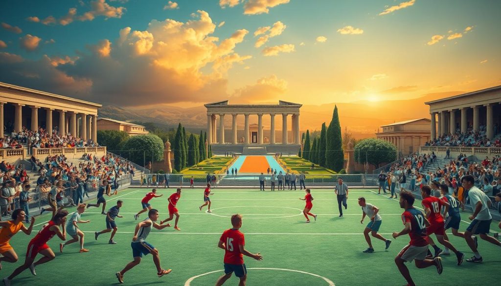A vibrant, allegorical sports arena set against a backdrop of classical architecture and natural landscapes. In the foreground, athletes in diverse uniforms compete in various sporting events, their movements graceful and dynamic. The middle ground features spectators, coaches, and referees, their expressions embodying the passion and camaraderie of the games. The background showcases towering columns, lush gardens, and a serene, golden-hued sky, evoking the timeless grandeur of ancient civilizations. Dramatic lighting and a cinematic, wide-angle lens capture the sense of scale and the thematic connections between sports, culture, and society. A vibrant, allegorical sports arena set against a backdrop of classical architecture and natural landscapes. In the foreground, athletes in diverse uniforms compete in various sporting events, their movements graceful and dynamic. The middle ground features spectators, coaches, and referees, their expressions embodying the passion and camaraderie of the games. The background showcases towering columns, lush gardens, and a serene, golden-hued sky, evoking the timeless grandeur of ancient civilizations. Dramatic lighting and a cinematic, wide-angle lens capture the sense of scale and the thematic connections between sports, culture, and society.
