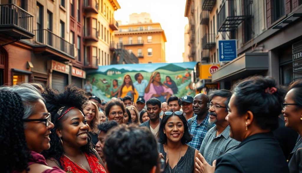 A vibrant, community-driven gathering in the heart of San Francisco's Tenderloin district. In the foreground, a diverse group of local residents engaged in lively discussion, their faces alight with passion and purpose. The middle ground reveals a mural depicting scenes of hope and resilience, a testament to the neighborhood's rich cultural heritage. In the background, the iconic architecture of the Tenderloin frames the scene, casting a warm, golden glow under a softly diffused light. The overall atmosphere exudes a sense of unity, empowerment, and a shared commitment to transforming the community through the power of collective action. A vibrant, community-driven gathering in the heart of San Francisco's Tenderloin district. In the foreground, a diverse group of local residents engaged in lively discussion, their faces alight with passion and purpose. The middle ground reveals a mural depicting scenes of hope and resilience, a testament to the neighborhood's rich cultural heritage. In the background, the iconic architecture of the Tenderloin frames the scene, casting a warm, golden glow under a softly diffused light. The overall atmosphere exudes a sense of unity, empowerment, and a shared commitment to transforming the community through the power of collective action.