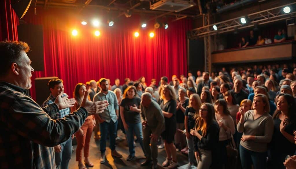 A vibrant community theater stage, illuminated by warm stage lights, showcases a diverse ensemble of actors and technicians collaborating to bring a production to life. In the foreground, a director gestures animatedly, guiding the performers through a rehearsal, their faces filled with determination and resilience. In the middle ground, a backstage crew diligently works on set pieces and lighting, their creativity and problem-solving skills evident. In the background, a bustling audience gathers, their expressions reflecting the shared sense of anticipation and support for the local theater's perseverance through challenging times. The overall scene conveys a palpable energy and camaraderie, capturing the resilience and adaptability of the community theater in the face of adversity.