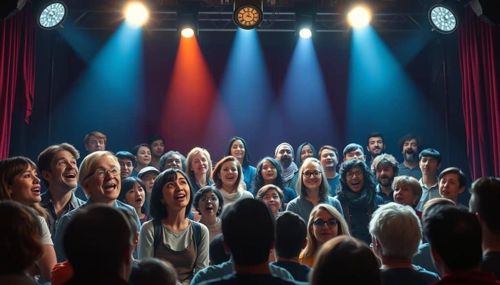 A vibrant community theater stage, with spotlights illuminating a diverse ensemble of actors and performers. In the foreground, animated faces express a range of emotions - joy, contemplation, intensity - as they deliver their lines. The middle ground features a mix of seasoned veterans and aspiring newcomers, their voices blending in a harmonious chorus. In the background, the audience sits transfixed, their reactions mirroring the energy on stage. The overall scene conveys the power, passion, and camaraderie of the local theater community, a testament to the resurgence of live performance in 2025.
