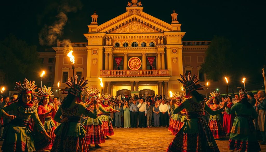 A vibrant cultural festival unfolds against the backdrop of a grand, historic theater. In the foreground, performers in colorful traditional costumes engage in ritual dances, their movements graceful and fluid. Intricate masks and headdresses add an air of mysticism. Torchlight flickers, casting warm, golden hues across the scene. In the middle ground, spectators watch with rapt attention, their faces alight with wonder. The theater's ornate facade rises majestically, framing the spectacle like a grand stage. A sense of timeless tradition and community celebration pervades the atmosphere, creating a captivating vision of season-opening cultural rituals. A vibrant cultural festival unfolds against the backdrop of a grand, historic theater. In the foreground, performers in colorful traditional costumes engage in ritual dances, their movements graceful and fluid. Intricate masks and headdresses add an air of mysticism. Torchlight flickers, casting warm, golden hues across the scene. In the middle ground, spectators watch with rapt attention, their faces alight with wonder. The theater's ornate facade rises majestically, framing the spectacle like a grand stage. A sense of timeless tradition and community celebration pervades the atmosphere, creating a captivating vision of season-opening cultural rituals.