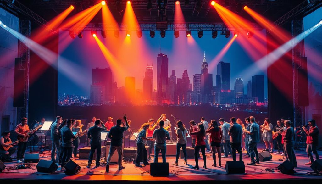 A vibrant, interconnected performance network unfolds across a dynamic stage. In the foreground, a diverse ensemble of artists collaborate, sharing ideas and honing their craft. Beams of warm, focused lighting illuminate their fluid movements, creating an atmosphere of creative synergy. In the middle ground, a backdrop of abstract geometric shapes and patterns suggests the underlying structures that support this collaborative ecosystem. The background showcases a cityscape of towering architectural forms, symbolizing the broader cultural landscape in which this network is embedded. The overall scene conveys a sense of energy, innovation, and the power of collective artistic expression. A vibrant, interconnected performance network unfolds across a dynamic stage. In the foreground, a diverse ensemble of artists collaborate, sharing ideas and honing their craft. Beams of warm, focused lighting illuminate their fluid movements, creating an atmosphere of creative synergy. In the middle ground, a backdrop of abstract geometric shapes and patterns suggests the underlying structures that support this collaborative ecosystem. The background showcases a cityscape of towering architectural forms, symbolizing the broader cultural landscape in which this network is embedded. The overall scene conveys a sense of energy, innovation, and the power of collective artistic expression.