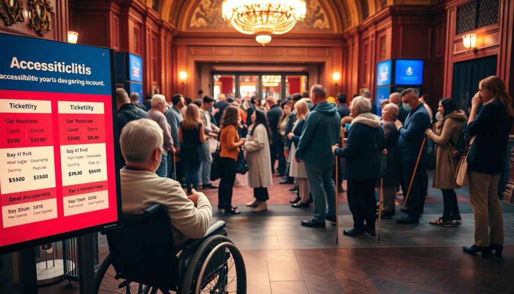 A vibrant scene of accessibility and discounts for ticketing. In the foreground, a wheelchair user examines a display with various ticket pricing options, highlighting discounted prices for accessibility. In the middle ground, a diverse crowd of patrons lines up at the ticket booth, some using canes or guide dogs. The background showcases the grand entrance of the performance venue, bathed in warm, inviting lighting. The overall atmosphere conveys a sense of inclusivity and equal opportunity, encouraging all to enjoy the cultural experience. A vibrant scene of accessibility and discounts for ticketing. In the foreground, a wheelchair user examines a display with various ticket pricing options, highlighting discounted prices for accessibility. In the middle ground, a diverse crowd of patrons lines up at the ticket booth, some using canes or guide dogs. The background showcases the grand entrance of the performance venue, bathed in warm, inviting lighting. The overall atmosphere conveys a sense of inclusivity and equal opportunity, encouraging all to enjoy the cultural experience.