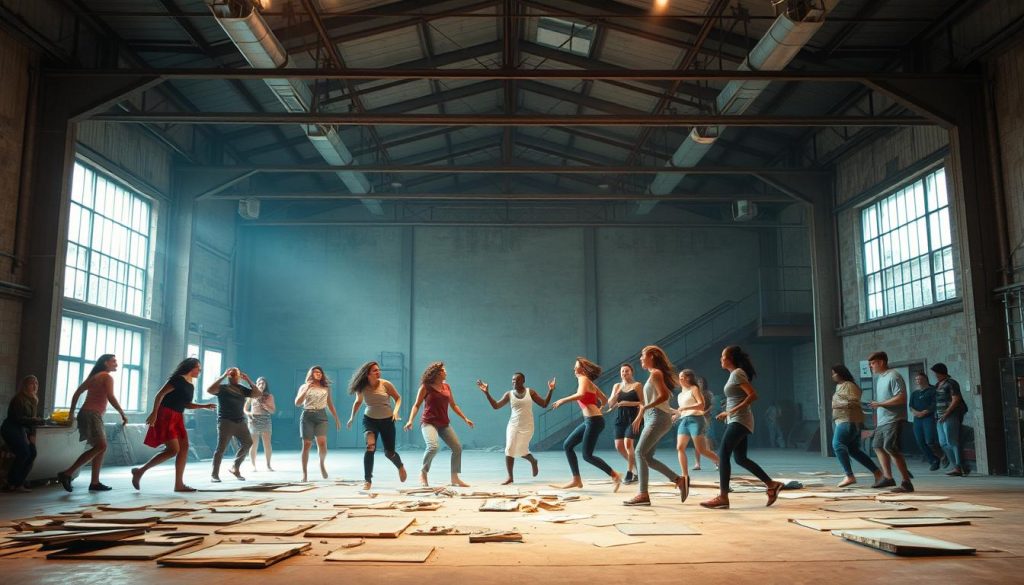 A vibrant, site-specific theater performance unfolds in an inclusive, unconventional venue. In the foreground, a diverse ensemble of actors move fluidly across a stage made of repurposed materials, their expressive physicality drawing the audience into the narrative. The middle ground reveals a welcoming, accessible space - perhaps an abandoned warehouse or community center - its high ceilings and industrial aesthetic creating an atmosphere of creative exploration. In the background, natural light filters in through large windows, illuminating the space and creating a sense of openness and connection with the outside world. The overall mood is one of collaborative energy, where marginalized voices are elevated, and boundaries between performer and spectator are blurred, fostering a truly immersive and inclusive theatrical experience. A vibrant, site-specific theater performance unfolds in an inclusive, unconventional venue. In the foreground, a diverse ensemble of actors move fluidly across a stage made of repurposed materials, their expressive physicality drawing the audience into the narrative. The middle ground reveals a welcoming, accessible space - perhaps an abandoned warehouse or community center - its high ceilings and industrial aesthetic creating an atmosphere of creative exploration. In the background, natural light filters in through large windows, illuminating the space and creating a sense of openness and connection with the outside world. The overall mood is one of collaborative energy, where marginalized voices are elevated, and boundaries between performer and spectator are blurred, fostering a truly immersive and inclusive theatrical experience.