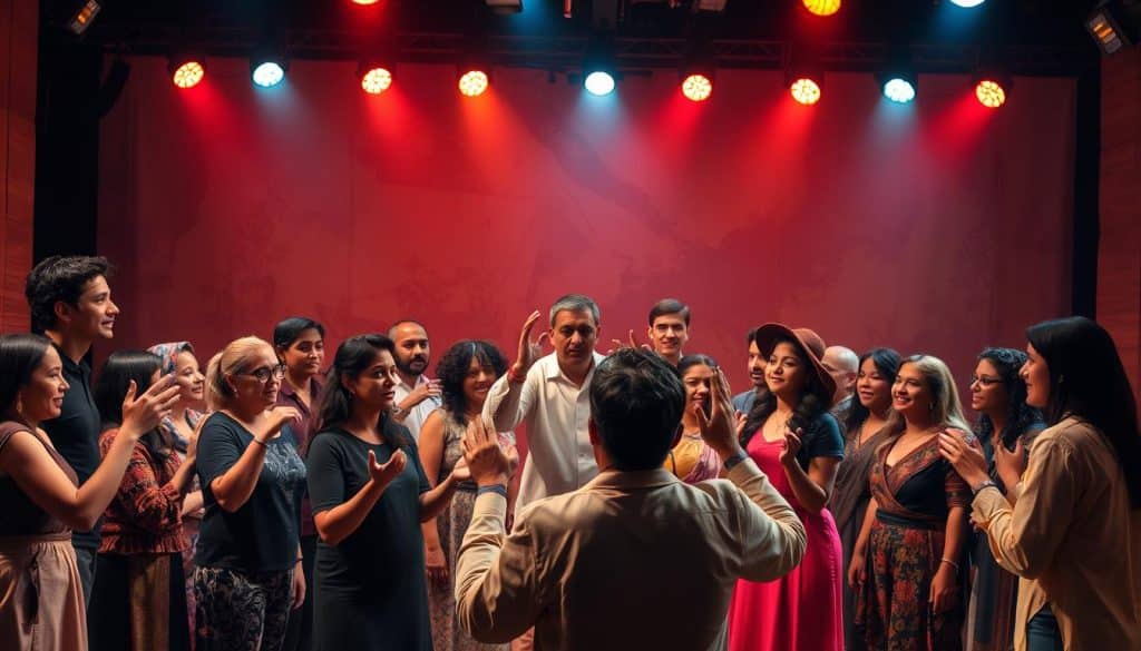 A vibrant stage bathed in warm, theatrical lighting sets the scene for an intercultural theater collaboration. In the foreground, a diverse ensemble of actors from various cultural backgrounds gesture animatedly, their expressive faces and dynamic movements conveying the passion and intensity of their shared creative process. In the middle ground, a director, a figure of authority yet approachable, guides the ensemble, their hands sculpting the air as they shape the performance. The background is a richly textured, abstract backdrop, suggesting the fusion of traditions and the blending of artistic visions that characterize this collaborative venture. The overall atmosphere is one of creative energy, cultural exchange, and the transcendent power of theater to bridge divides and forge new artistic pathways.