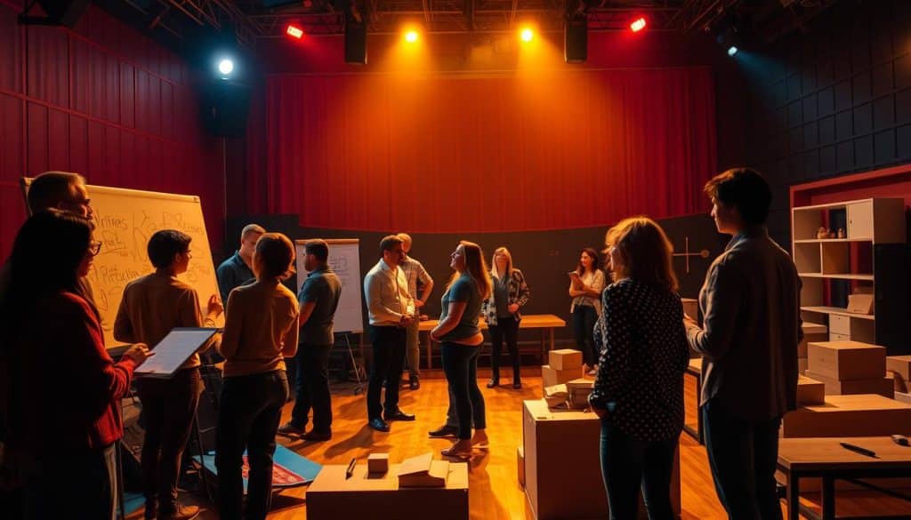 A vibrant stage, illuminated by warm, theatrical lighting, showcases the phases of play development. In the foreground, a team of writers and directors brainstorm ideas, their expressions animated as they sketch out concepts on a whiteboard. In the middle ground, actors rehearse a scene, their movements fluid and precise, while a dramaturg provides feedback. In the background, a set designer arranges scaled models, experimenting with different layouts and materials. An atmosphere of creative collaboration and problem-solving pervades the scene, captured through a cinematic, wide-angle lens that emphasizes the interconnectedness of the various roles involved in bringing a new play to life.
