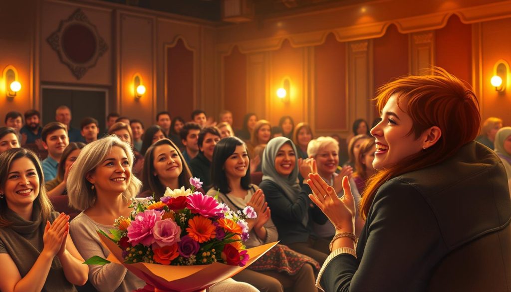 A vibrant theatre audience seated in a cozy auditorium, their faces alight with enthusiasm as they applaud the cast and crew taking their bows on stage. Warm lighting casts a gentle glow, highlighting the joyful expressions and the shared sense of community. In the foreground, a bouquet of flowers is presented to a smiling cast member, capturing the spirit of celebration. The background features a subtle, impressionistic rendering of the theatre's architectural details, creating a sense of depth and immersion. The overall atmosphere conveys the genuine appreciation and connection between the audience and the performers, reflecting the heart and soul of the Cutting Ball Theater experience. A vibrant theatre audience seated in a cozy auditorium, their faces alight with enthusiasm as they applaud the cast and crew taking their bows on stage. Warm lighting casts a gentle glow, highlighting the joyful expressions and the shared sense of community. In the foreground, a bouquet of flowers is presented to a smiling cast member, capturing the spirit of celebration. The background features a subtle, impressionistic rendering of the theatre's architectural details, creating a sense of depth and immersion. The overall atmosphere conveys the genuine appreciation and connection between the audience and the performers, reflecting the heart and soul of the Cutting Ball Theater experience.
