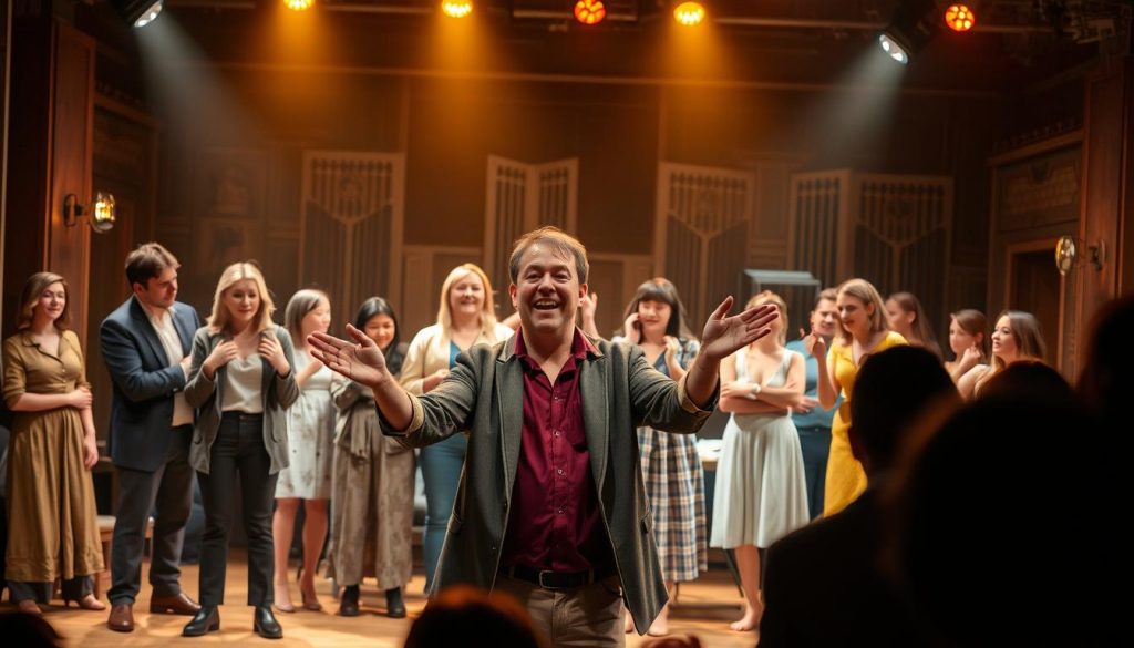 A vibrant theatrical ensemble on stage, actors immersed in a collaborative performance. Warm stage lighting illuminates their expressive faces and gestures, creating an intimate, engaging atmosphere. In the foreground, the lead actor gestures passionately, drawing the audience into the emotional moment. Behind them, the supporting cast react with nuanced body language, their movements in sync as they embody the narrative. The mid-ground features a detailed set design, with rich textures and colors that transport the viewer to the world of the play. In the background, the audience is barely visible, their silhouettes suggesting the energy and connection between the performers and spectators. An image that captures the power of ensemble acting, the harmony of a team bringing a story to life. A vibrant theatrical ensemble on stage, actors immersed in a collaborative performance. Warm stage lighting illuminates their expressive faces and gestures, creating an intimate, engaging atmosphere. In the foreground, the lead actor gestures passionately, drawing the audience into the emotional moment. Behind them, the supporting cast react with nuanced body language, their movements in sync as they embody the narrative. The mid-ground features a detailed set design, with rich textures and colors that transport the viewer to the world of the play. In the background, the audience is barely visible, their silhouettes suggesting the energy and connection between the performers and spectators. An image that captures the power of ensemble acting, the harmony of a team bringing a story to life.