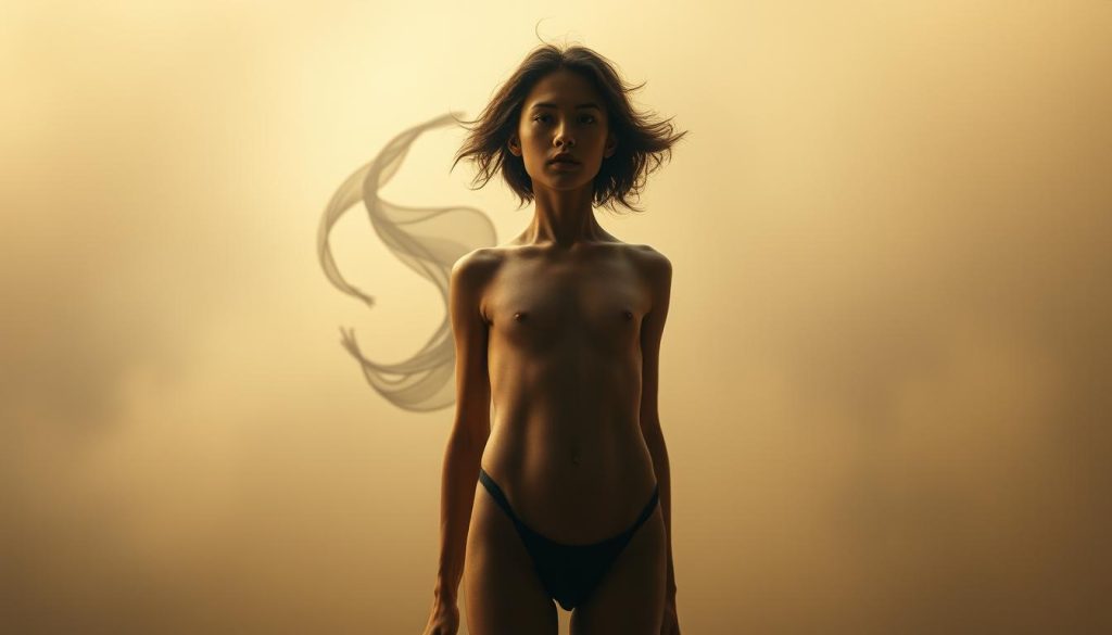 A vulnerable but powerful figure stands in the foreground, their body language conveying a sense of openness and emotional rawness. Soft, diffused lighting illuminates their features, casting a warm, contemplative glow. In the middle ground, abstract shapes and forms swirl and dance, suggesting an inner creative energy and fluidity. The background is hazy and dreamlike, with muted colors and a sense of depth and mystery. The overall composition evokes a profound exploration of vulnerability as a source of artistic inspiration and personal growth. A vulnerable but powerful figure stands in the foreground, their body language conveying a sense of openness and emotional rawness. Soft, diffused lighting illuminates their features, casting a warm, contemplative glow. In the middle ground, abstract shapes and forms swirl and dance, suggesting an inner creative energy and fluidity. The background is hazy and dreamlike, with muted colors and a sense of depth and mystery. The overall composition evokes a profound exploration of vulnerability as a source of artistic inspiration and personal growth.