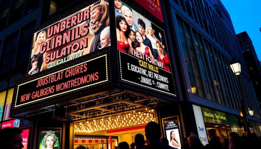 A well-lit Broadway marquee in the evening, showcasing a vibrant collage of show announcements. Bold, neon-lit titles and cast names stand out against a dark, dramatic backdrop. The marquee's intricate design features intricate metalwork, with Art Deco-inspired flourishes. The scene is alive with the energy of passersby, their faces illuminated by the marquee's glow, creating a sense of anticipation and excitement. The image captures the essence of the theater district, where new productions and revivals vie for the attention of discerning audiences.