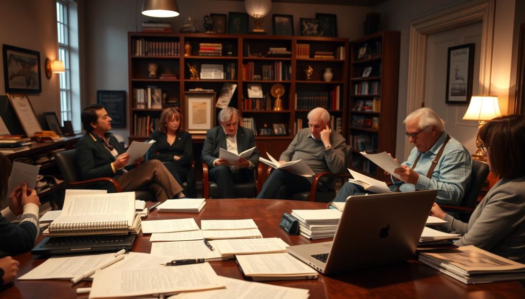 A well-lit editorial office scene, with a large desk in the foreground holding various scripts, notes, and a laptop. In the middle ground, a group of readers and directors intently examining the documents, engaged in thoughtful discussion. The background features bookshelves, awards, and other hallmarks of a professional theater environment. The lighting is warm and inviting, creating a sense of focus and diligence. The overall atmosphere conveys the care and attention given to the selection process for emerging playwrights. A well-lit editorial office scene, with a large desk in the foreground holding various scripts, notes, and a laptop. In the middle ground, a group of readers and directors intently examining the documents, engaged in thoughtful discussion. The background features bookshelves, awards, and other hallmarks of a professional theater environment. The lighting is warm and inviting, creating a sense of focus and diligence. The overall atmosphere conveys the care and attention given to the selection process for emerging playwrights.