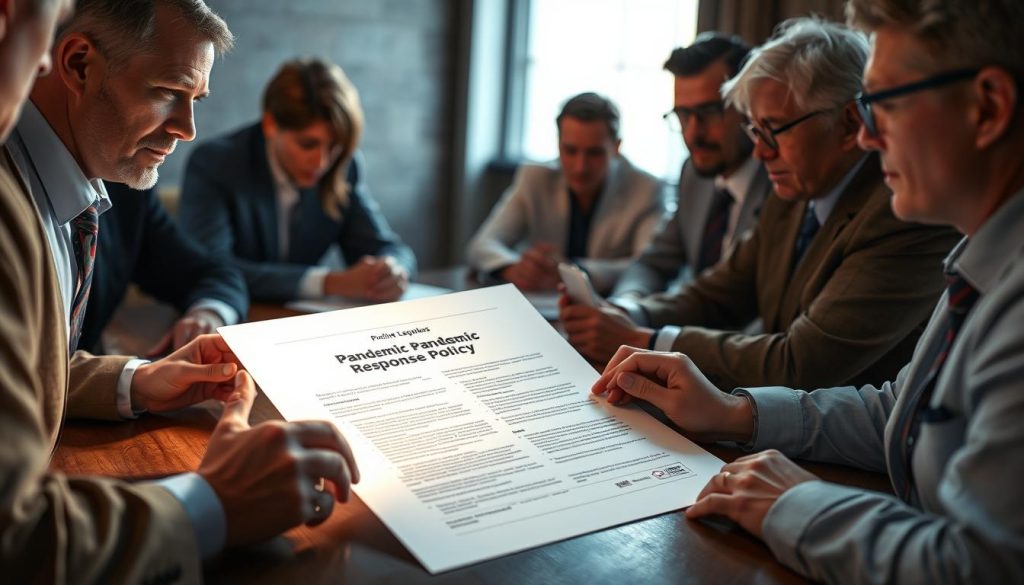 A well-lit, high-resolution image of a pandemic response policy document being carefully reviewed by a team of public health experts and government officials. The document is illuminated from the side, casting soft shadows and highlighting the details of the text and graphics. The team is gathered around a conference table, their expressions thoughtful and engaged, reflecting the gravity and importance of the task at hand. The background is slightly blurred, conveying a sense of focus and concentration on the policy document. The overall mood is one of seriousness, collaboration, and a commitment to transparent and effective pandemic response. A well-lit, high-resolution image of a pandemic response policy document being carefully reviewed by a team of public health experts and government officials. The document is illuminated from the side, casting soft shadows and highlighting the details of the text and graphics. The team is gathered around a conference table, their expressions thoughtful and engaged, reflecting the gravity and importance of the task at hand. The background is slightly blurred, conveying a sense of focus and concentration on the policy document. The overall mood is one of seriousness, collaboration, and a commitment to transparent and effective pandemic response.