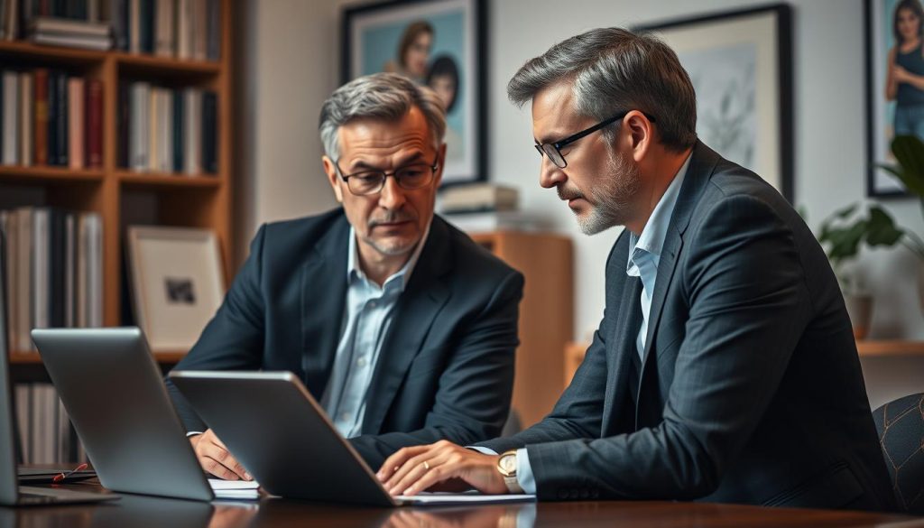 A well-lit, high-resolution photograph of a professional career coach mentoring a young, aspiring talent. The coach, a mature man in a tailored suit, is seated at a desk, leaning forward intently as he offers guidance and encouragement to the student, a younger person dressed in smart casual attire. The two figures are framed against a backdrop of bookshelves and artwork, conveying an atmosphere of intellectual engagement and artistic inspiration. Soft, warm lighting illuminates the scene, creating a sense of intimacy and focus. The composition emphasizes the collaborative, mentorship dynamic between the experienced professional and the eager young learner. A well-lit, high-resolution photograph of a professional career coach mentoring a young, aspiring talent. The coach, a mature man in a tailored suit, is seated at a desk, leaning forward intently as he offers guidance and encouragement to the student, a younger person dressed in smart casual attire. The two figures are framed against a backdrop of bookshelves and artwork, conveying an atmosphere of intellectual engagement and artistic inspiration. Soft, warm lighting illuminates the scene, creating a sense of intimacy and focus. The composition emphasizes the collaborative, mentorship dynamic between the experienced professional and the eager young learner.