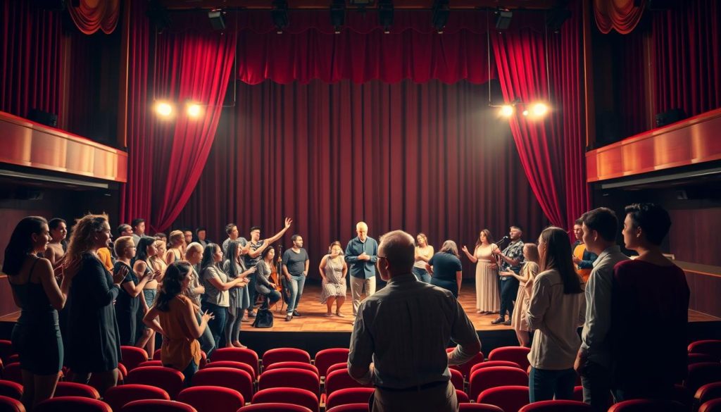 A well-lit stage in a grand theater, with plush red velvet curtains framing the proscenium. In the foreground, a group of diverse performers - actors, dancers, and musicians - engaged in passionate rehearsals, their expressions filled with energy and excitement. In the middle ground, a director stands, guiding and coaching the performers, their gestures animated and inspiring. The background reveals rows of empty seats, anticipating the arrival of an eager audience, the stage illuminated by warm, focused lighting that casts dramatic shadows. The overall atmosphere exudes a sense of creative possibility, innovation, and the thrill of live performance. A well-lit stage in a grand theater, with plush red velvet curtains framing the proscenium. In the foreground, a group of diverse performers - actors, dancers, and musicians - engaged in passionate rehearsals, their expressions filled with energy and excitement. In the middle ground, a director stands, guiding and coaching the performers, their gestures animated and inspiring. The background reveals rows of empty seats, anticipating the arrival of an eager audience, the stage illuminated by warm, focused lighting that casts dramatic shadows. The overall atmosphere exudes a sense of creative possibility, innovation, and the thrill of live performance.