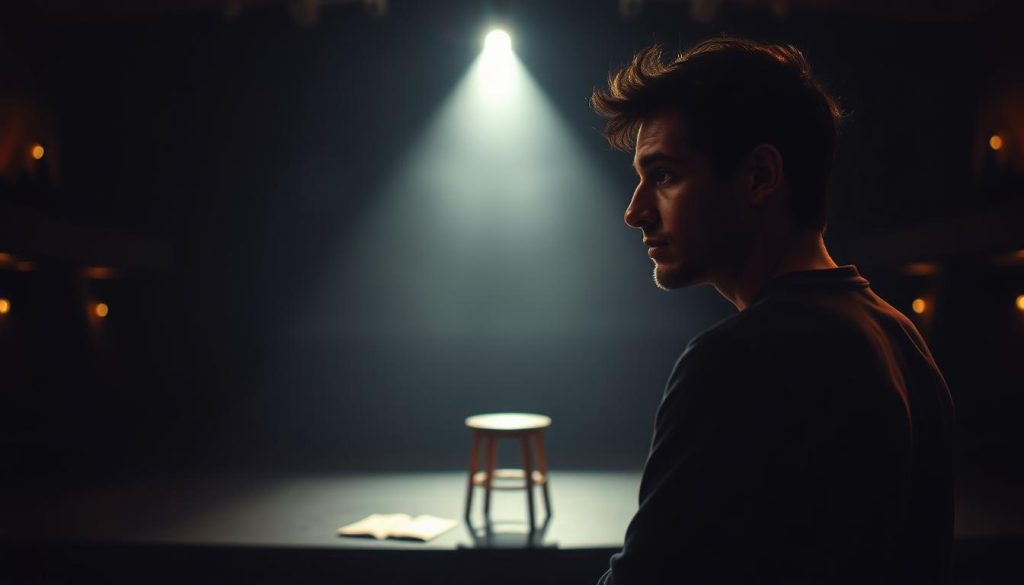 A well-lit stage with a single spotlight illuminating a pensive indie theater artist, lost in contemplation. In the middle ground, a simple wooden stool and a few scattered scripts suggest their creative process. The background fades into a dimly lit auditorium, hinting at the intimate, introspective atmosphere of the indie theater scene. Soft, warm lighting casts a gentle glow, capturing the artist's focused expression and the quiet intensity of their craft. The overall mood is one of quiet reflection, capturing the lessons and insights gained through their indie theater journey. A well-lit stage with a single spotlight illuminating a pensive indie theater artist, lost in contemplation. In the middle ground, a simple wooden stool and a few scattered scripts suggest their creative process. The background fades into a dimly lit auditorium, hinting at the intimate, introspective atmosphere of the indie theater scene. Soft, warm lighting casts a gentle glow, capturing the artist's focused expression and the quiet intensity of their craft. The overall mood is one of quiet reflection, capturing the lessons and insights gained through their indie theater journey.