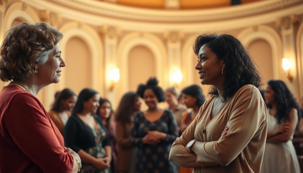 A well-lit theater stage with a diverse group of women in the foreground. Two women, one older and one younger, engaged in a thoughtful discussion, embodying the notion of gender equality mentorship. In the middle ground, a group of other women of various ages and backgrounds, collaborating and supporting one another's creative ideas. Soft, warm lighting casts an inviting glow, creating an atmosphere of empowerment, camaraderie, and artistic exploration. The background features elegant theater architecture, suggesting a professional, yet inclusive setting for this meaningful exchange. A well-lit theater stage with a diverse group of women in the foreground. Two women, one older and one younger, engaged in a thoughtful discussion, embodying the notion of gender equality mentorship. In the middle ground, a group of other women of various ages and backgrounds, collaborating and supporting one another's creative ideas. Soft, warm lighting casts an inviting glow, creating an atmosphere of empowerment, camaraderie, and artistic exploration. The background features elegant theater architecture, suggesting a professional, yet inclusive setting for this meaningful exchange.
