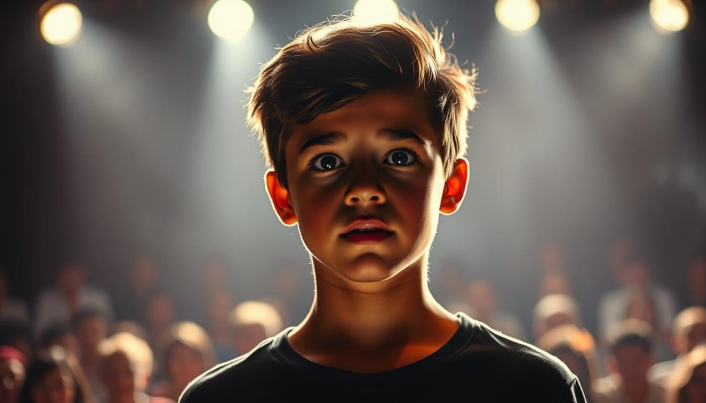 A young performer, their face alight with determination, stands center stage. Soft spotlights bathe them in an ethereal glow, casting dramatic shadows that suggest the challenges and triumphs of their journey. In the background, a hazy silhouette of an audience watches intently, their presence a testament to the performer's growing acclaim. The canvas is filled with a sense of anticipation and possibility, capturing the essence of an emerging artist's path - the training, breakthroughs, and setbacks that shape their artistic evolution. A young performer, their face alight with determination, stands center stage. Soft spotlights bathe them in an ethereal glow, casting dramatic shadows that suggest the challenges and triumphs of their journey. In the background, a hazy silhouette of an audience watches intently, their presence a testament to the performer's growing acclaim. The canvas is filled with a sense of anticipation and possibility, capturing the essence of an emerging artist's path - the training, breakthroughs, and setbacks that shape their artistic evolution.