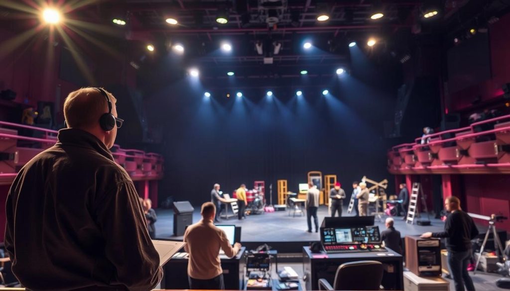 An expansive theater stage bathed in dramatic lighting, with a team of stage management professionals expertly coordinating the production. In the foreground, the stage manager stands poised, headset on, meticulously following the script and cues. In the middle ground, the lighting and sound technicians operate their consoles, fine-tuning the technical elements. In the background, the set designers and crew members work diligently, arranging the intricate stage elements to bring the director's vision to life. The atmosphere is one of focused intensity, as each individual plays a vital role in the seamless execution of the performance. An expansive theater stage bathed in dramatic lighting, with a team of stage management professionals expertly coordinating the production. In the foreground, the stage manager stands poised, headset on, meticulously following the script and cues. In the middle ground, the lighting and sound technicians operate their consoles, fine-tuning the technical elements. In the background, the set designers and crew members work diligently, arranging the intricate stage elements to bring the director's vision to life. The atmosphere is one of focused intensity, as each individual plays a vital role in the seamless execution of the performance.