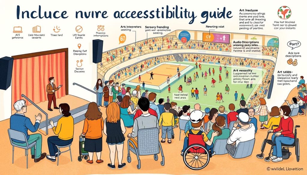 An inclusive events accessibility guide depicted as a detailed illustrated poster. A welcoming, vibrant scene showcasing various accessible accommodations and assistive features for a diverse range of event-goers. In the foreground, a group of people with different abilities enjoying an arts performance, with ramps, ASL interpreters, and sensory-friendly seating. In the middle ground, a sports event with wheelchair-accessible viewing platforms, audio descriptions, and service animal rest areas. The background features inclusive icons, informative infographics, and a warm, inclusive color palette. Rendered in a detailed, hand-drawn illustration style with a soft, inviting atmosphere. An inclusive events accessibility guide depicted as a detailed illustrated poster. A welcoming, vibrant scene showcasing various accessible accommodations and assistive features for a diverse range of event-goers. In the foreground, a group of people with different abilities enjoying an arts performance, with ramps, ASL interpreters, and sensory-friendly seating. In the middle ground, a sports event with wheelchair-accessible viewing platforms, audio descriptions, and service animal rest areas. The background features inclusive icons, informative infographics, and a warm, inclusive color palette. Rendered in a detailed, hand-drawn illustration style with a soft, inviting atmosphere.