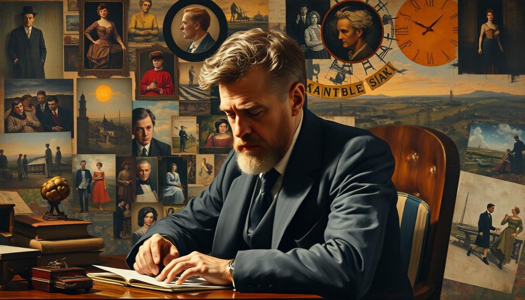 An intricate oil painting depicting August Strindberg, the renowned Swedish playwright, seated at his desk, surrounded by a collage of imagery representing the structural, linguistic, and visual innovations that defined his pioneering contributions to modern Swedish drama. Soft, warm lighting illuminates Strindberg's contemplative gaze as he ponders a manuscript, while in the background, vignettes unfold - a tangled web of characters, symbolic landscapes, and expressionistic brushstrokes that capture the psychological depth and thematic complexity of his influential works. The composition conveys a sense of intellectual vigor and creative passion, inviting the viewer to delve into the visionary mind of this seminal figure in Scandinavian theater. An intricate oil painting depicting August Strindberg, the renowned Swedish playwright, seated at his desk, surrounded by a collage of imagery representing the structural, linguistic, and visual innovations that defined his pioneering contributions to modern Swedish drama. Soft, warm lighting illuminates Strindberg's contemplative gaze as he ponders a manuscript, while in the background, vignettes unfold - a tangled web of characters, symbolic landscapes, and expressionistic brushstrokes that capture the psychological depth and thematic complexity of his influential works. The composition conveys a sense of intellectual vigor and creative passion, inviting the viewer to delve into the visionary mind of this seminal figure in Scandinavian theater.