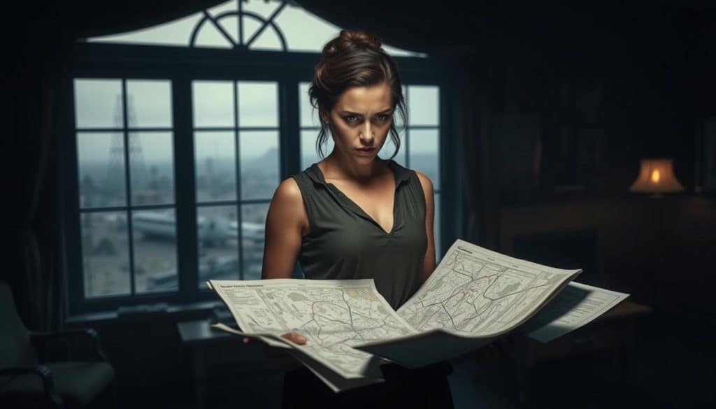 Andromache standing in a dimly lit war room, poring over tactical maps and documents. Her expression is intense, brow furrowed, as she meticulously plans her next move. The room is illuminated by the soft glow of a single lamp, casting dramatic shadows across her face. In the background, a large window overlooks a desolate, war-torn landscape, hinting at the stakes and challenges she faces. Andromache's posture is poised and determined, conveying her strategic prowess and unwavering resolve to navigate the complexities of the situation before her.