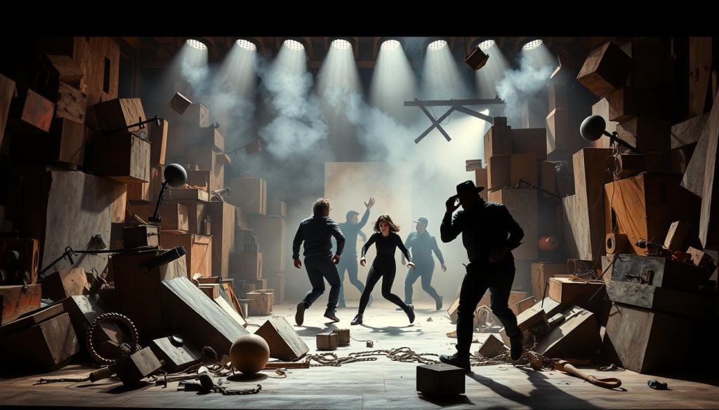 Avant-garde staging techniques in Ubu Roi: An abstract, surreal scene depicting the chaotic, absurdist theater of Alfred Jarry's iconic play. In the foreground, a jumble of distorted, cubist-inspired set pieces, geometric forms, and disjointed props create a visually disorienting environment. Dramatic, expressionistic lighting casts sharp shadows and highlights the angular, fragmented nature of the set design. In the middle ground, amidst the abstract chaos, the silhouettes of performers move erratically, their bodies contorted in dynamic, exaggerated poses that challenge conventional theatrical naturalism. The background is shrouded in an atmospheric haze, suggesting the unsettling, dreamlike quality of the Ubu Roi universe. An overall sense of anarchic energy and surreal theatricality pervades the scene, capturing the innovative, boundary-pushing spirit of the avant-garde staging techniques employed in this groundbreaking absurdist play. Avant-garde staging techniques in Ubu Roi: An abstract, surreal scene depicting the chaotic, absurdist theater of Alfred Jarry's iconic play. In the foreground, a jumble of distorted, cubist-inspired set pieces, geometric forms, and disjointed props create a visually disorienting environment. Dramatic, expressionistic lighting casts sharp shadows and highlights the angular, fragmented nature of the set design. In the middle ground, amidst the abstract chaos, the silhouettes of performers move erratically, their bodies contorted in dynamic, exaggerated poses that challenge conventional theatrical naturalism. The background is shrouded in an atmospheric haze, suggesting the unsettling, dreamlike quality of the Ubu Roi universe. An overall sense of anarchic energy and surreal theatricality pervades the scene, capturing the innovative, boundary-pushing spirit of the avant-garde staging techniques employed in this groundbreaking absurdist play.