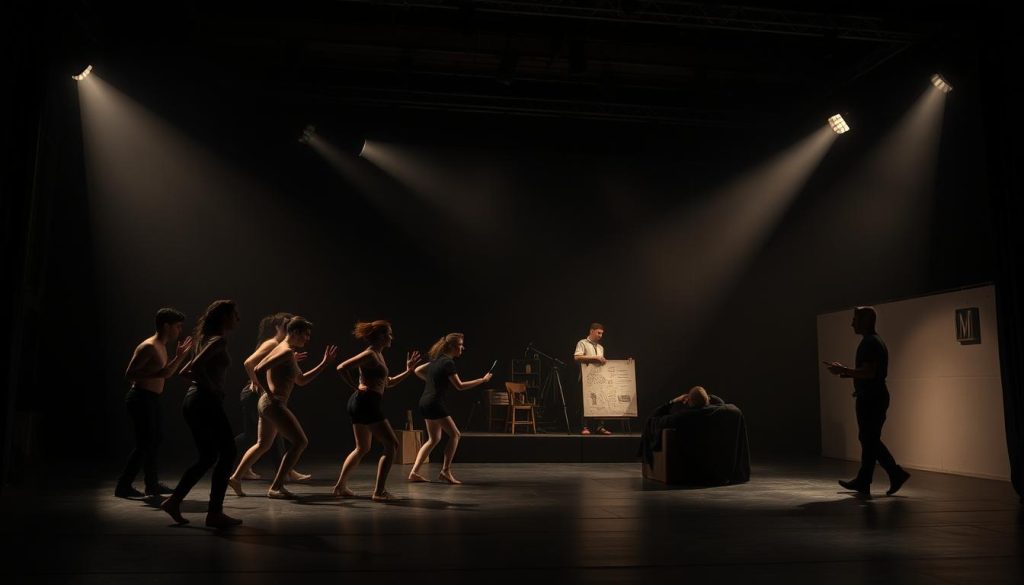 Avant-garde theater stage, dimly lit with dramatic shadows and moody spotlights. In the foreground, a troupe of actors engaged in experimental, physical movements, embodying the spirit of innovation. In the middle ground, a team of designers collaborating, sketching out bold, unconventional set pieces and costumes. In the background, a playwright pacing thoughtfully, their pen dancing across the page as they craft a visionary new script. The overall atmosphere is one of creative energy, risk-taking, and a sense of breaking free from traditional constraints. Avant-garde theater stage, dimly lit with dramatic shadows and moody spotlights. In the foreground, a troupe of actors engaged in experimental, physical movements, embodying the spirit of innovation. In the middle ground, a team of designers collaborating, sketching out bold, unconventional set pieces and costumes. In the background, a playwright pacing thoughtfully, their pen dancing across the page as they craft a visionary new script. The overall atmosphere is one of creative energy, risk-taking, and a sense of breaking free from traditional constraints.
