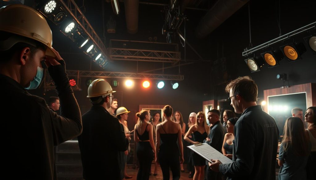Backstage at an experimental festival, a flurry of activity unfolds. Technicians in hardhats focus intently, adjusting intricate lighting rigs that bathe the space in a warm, moody glow. Performers pace nervously, running lines and adjusting costumes, their faces lit by the soft glow of makeup mirrors. In the shadows, a director confers with stage managers, coordinating the complex logistics that bring the unconventional program to life. Stacks of mysterious equipment, trailing cables, and hastily scribbled notes on clipboards suggest the innovative, improvisational spirit of the event. An air of creative tension permeates the scene, hinting at the daring, boundary-pushing performances soon to unfold onstage. Backstage at an experimental festival, a flurry of activity unfolds. Technicians in hardhats focus intently, adjusting intricate lighting rigs that bathe the space in a warm, moody glow. Performers pace nervously, running lines and adjusting costumes, their faces lit by the soft glow of makeup mirrors. In the shadows, a director confers with stage managers, coordinating the complex logistics that bring the unconventional program to life. Stacks of mysterious equipment, trailing cables, and hastily scribbled notes on clipboards suggest the innovative, improvisational spirit of the event. An air of creative tension permeates the scene, hinting at the daring, boundary-pushing performances soon to unfold onstage.