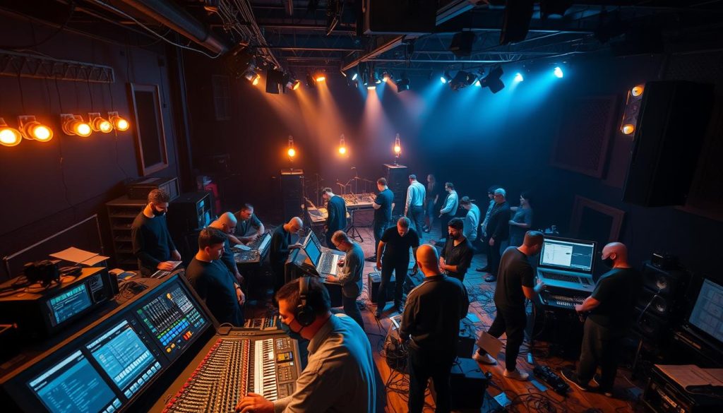 Backstage talent workflow: A bustling hub of activity, lit by warm tungsten bulbs casting a golden glow. In the foreground, technicians huddle over intricate sound boards, their faces illuminated by the soft blue glow of digital displays. In the middle ground, stagehands methodically move heavy equipment, their movements choreographed with precision. Beyond, a maze of cables snakes across the floor, connecting the various elements of the production. The atmosphere is one of focused intensity, as the unseen crew work tirelessly to keep the show running smoothly, their creativity and problem-solving skills on full display. Backstage talent workflow: A bustling hub of activity, lit by warm tungsten bulbs casting a golden glow. In the foreground, technicians huddle over intricate sound boards, their faces illuminated by the soft blue glow of digital displays. In the middle ground, stagehands methodically move heavy equipment, their movements choreographed with precision. Beyond, a maze of cables snakes across the floor, connecting the various elements of the production. The atmosphere is one of focused intensity, as the unseen crew work tirelessly to keep the show running smoothly, their creativity and problem-solving skills on full display.