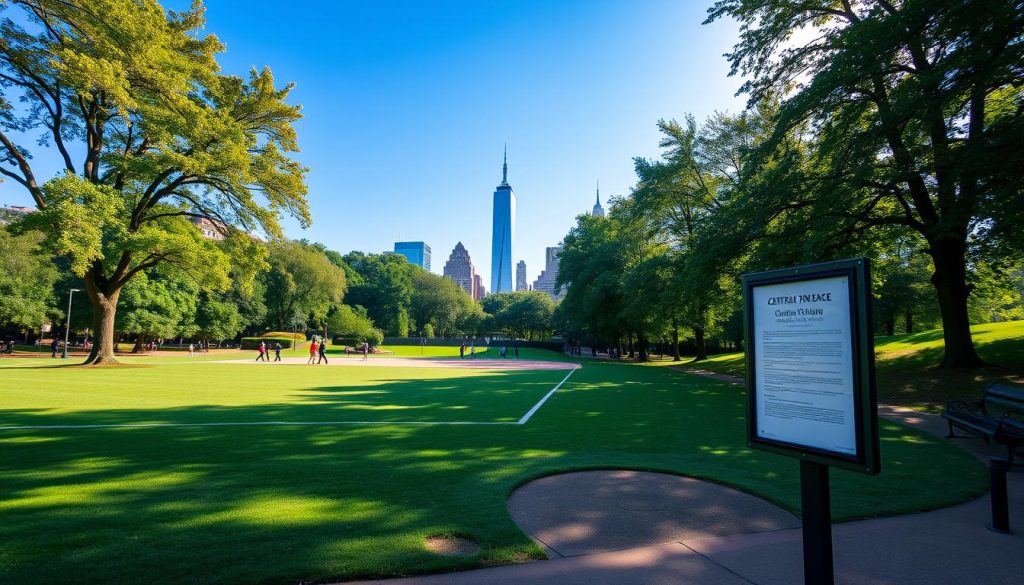 Central Park ballfield in the warm afternoon sun, a professional-looking announcement board stands in the foreground, displaying a crisp, well-designed notice. In the middle ground, people stroll along the manicured paths, enjoying the serene outdoor setting. The background features the iconic Manhattan skyline, framed by lush greenery and a clear, blue sky. The overall scene conveys a sense of civic pride, community, and the vibrant energy of New York City. Captured with a wide-angle lens, the image offers a comprehensive view of this iconic location. Central Park ballfield in the warm afternoon sun, a professional-looking announcement board stands in the foreground, displaying a crisp, well-designed notice. In the middle ground, people stroll along the manicured paths, enjoying the serene outdoor setting. The background features the iconic Manhattan skyline, framed by lush greenery and a clear, blue sky. The overall scene conveys a sense of civic pride, community, and the vibrant energy of New York City. Captured with a wide-angle lens, the image offers a comprehensive view of this iconic location.