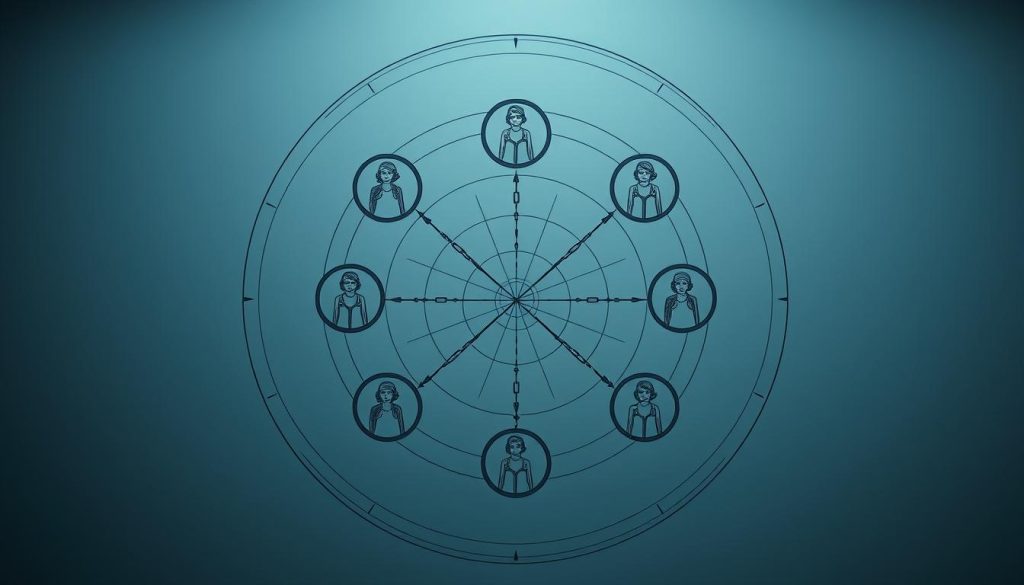 Detailed analysis of the cyclical structure within the scandalous French play "La Ronde". A precise, highly detailed technical diagram showcasing the interconnected relationships between the ten characters, depicted with meticulous linework and geometric precision against a minimalist gray backdrop. The composition highlights the symmetry and repetitive nature of the plot, with each character's position clearly denoted. The scene is bathed in cool, indirect lighting, emphasizing the analytical nature of the image. The overall tone is one of clinical detachment, allowing the structural elements to take center stage. Detailed analysis of the cyclical structure within the scandalous French play "La Ronde". A precise, highly detailed technical diagram showcasing the interconnected relationships between the ten characters, depicted with meticulous linework and geometric precision against a minimalist gray backdrop. The composition highlights the symmetry and repetitive nature of the plot, with each character's position clearly denoted. The scene is bathed in cool, indirect lighting, emphasizing the analytical nature of the image. The overall tone is one of clinical detachment, allowing the structural elements to take center stage.