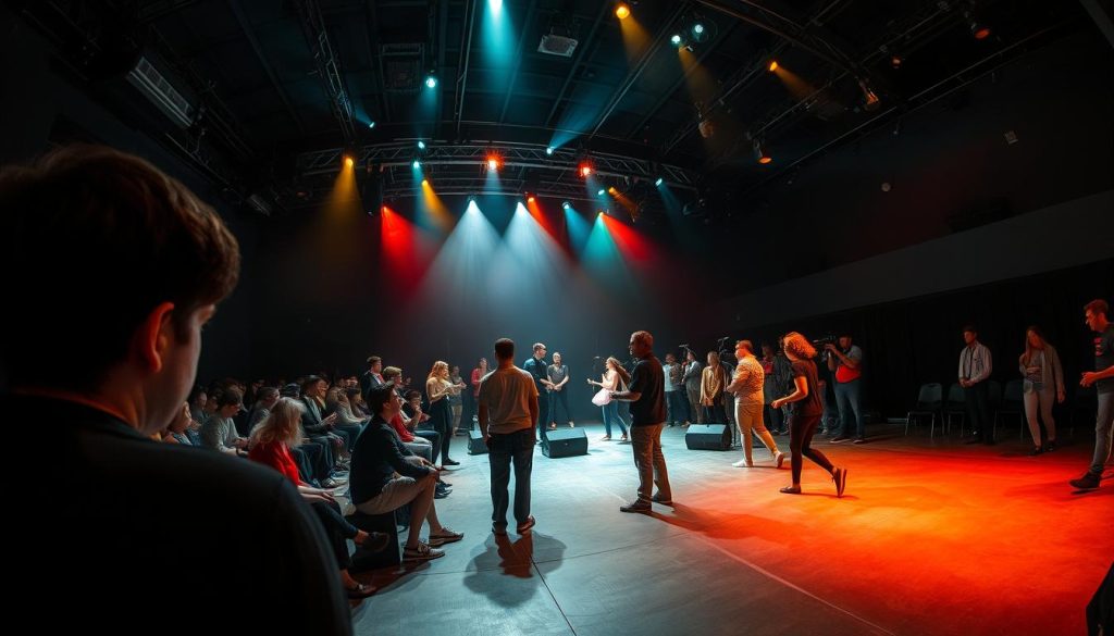 Experimental theater companies, in an avant-garde setting, with performers engaging in innovative, immersive productions. Highlighted by dramatic lighting, bold set designs, and a sense of unconventional creativity. The scene depicts a dynamic, energetic atmosphere, where the boundaries of traditional theater are pushed, inviting the audience to experience a new, visionary interpretation of the stage. Captured through a wide-angle lens, offering a panoramic view of the experimental theater's dynamic environment. Experimental theater companies, in an avant-garde setting, with performers engaging in innovative, immersive productions. Highlighted by dramatic lighting, bold set designs, and a sense of unconventional creativity. The scene depicts a dynamic, energetic atmosphere, where the boundaries of traditional theater are pushed, inviting the audience to experience a new, visionary interpretation of the stage. Captured through a wide-angle lens, offering a panoramic view of the experimental theater's dynamic environment.
