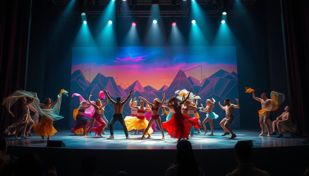 Vibrant LGBTQ+ stage performance in a dimly lit theater. Spotlight illuminates the center stage, where a diverse ensemble of performers command the space with captivating choreography and bold, expressive movements. Swirling fabrics, glittering costumes, and dramatic lighting cast an ethereal, otherworldly glow. In the background, a massive, stylized backdrop depicts a surreal, dreamlike landscape with abstract geometric patterns and vibrant, neon-tinged colors. The overall atmosphere is one of celebration, self-expression, and the powerful reclamation of identity on the stage. Vibrant LGBTQ+ stage performance in a dimly lit theater. Spotlight illuminates the center stage, where a diverse ensemble of performers command the space with captivating choreography and bold, expressive movements. Swirling fabrics, glittering costumes, and dramatic lighting cast an ethereal, otherworldly glow. In the background, a massive, stylized backdrop depicts a surreal, dreamlike landscape with abstract geometric patterns and vibrant, neon-tinged colors. The overall atmosphere is one of celebration, self-expression, and the powerful reclamation of identity on the stage.